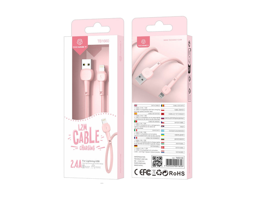 Techancy Cabo De Dados Usb-Lightning Rosa TB1660, Carregamento Rápido Macaron 2.4a, Comprimento 1.2m, Compatível Com Iphone/Ipad