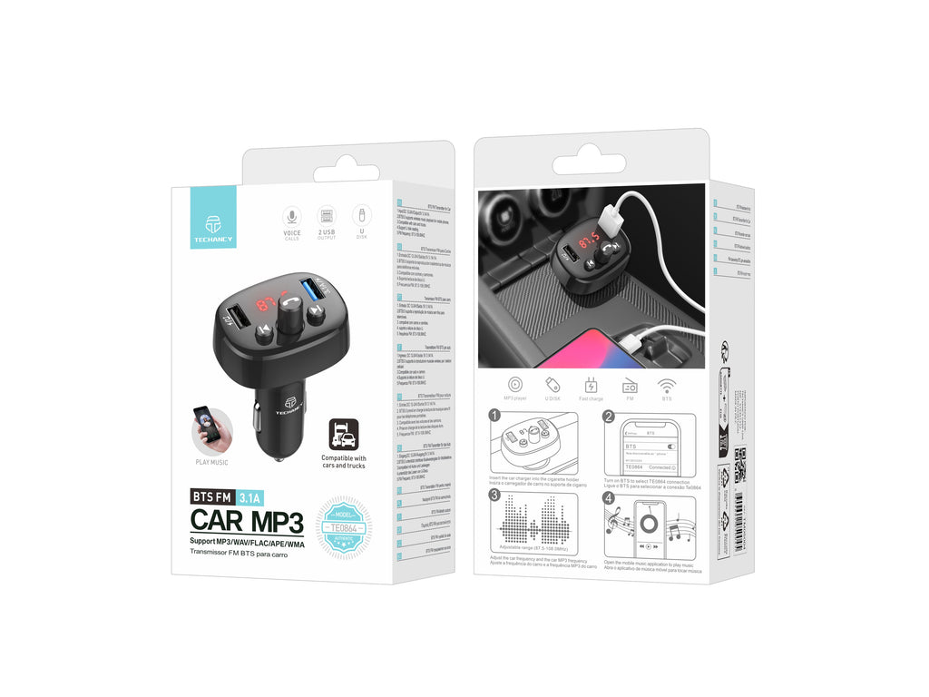 Techancy Transmissor Fm Para Automóvel Preto TE0864, 3.1a, 2 Portas Usb, Leitor De Mp3, Compatível Com Tensão 12v-24v.