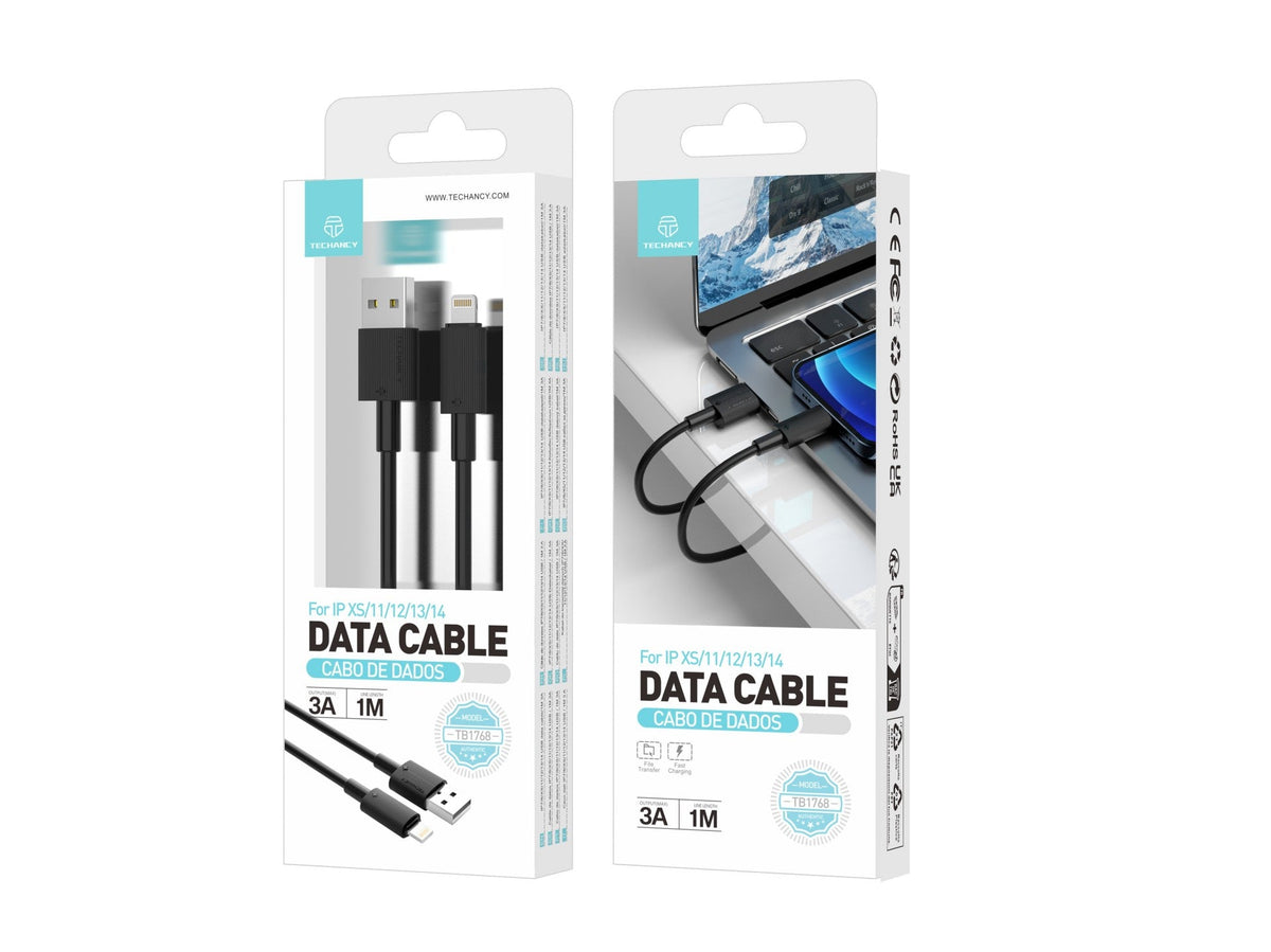 Techancy Cabo De Dados Usb-Lightning Preto TB1768, Comprimento 1m Suporta Corrente De 3A E Transferência De Dados De 480mbps,