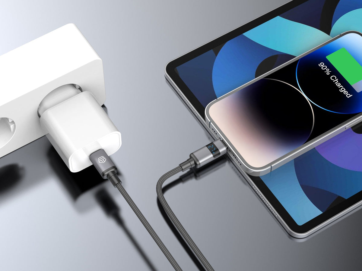 Techancy Cabo USB-C para Lightning TB1801, 27W, 1.5m Preto, Tela LED de Potência, Conector de AlumInio, Fio Trancado