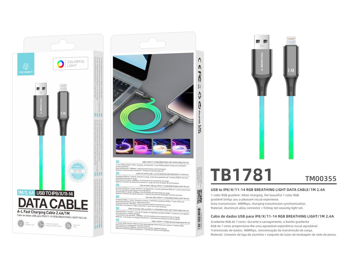 Techancy Cabo De Dados De 1m TB1799, Usb-C Para Ip11-14, Efeitos De Iluminação Rgb, Carregamento Rápido De 27w.
