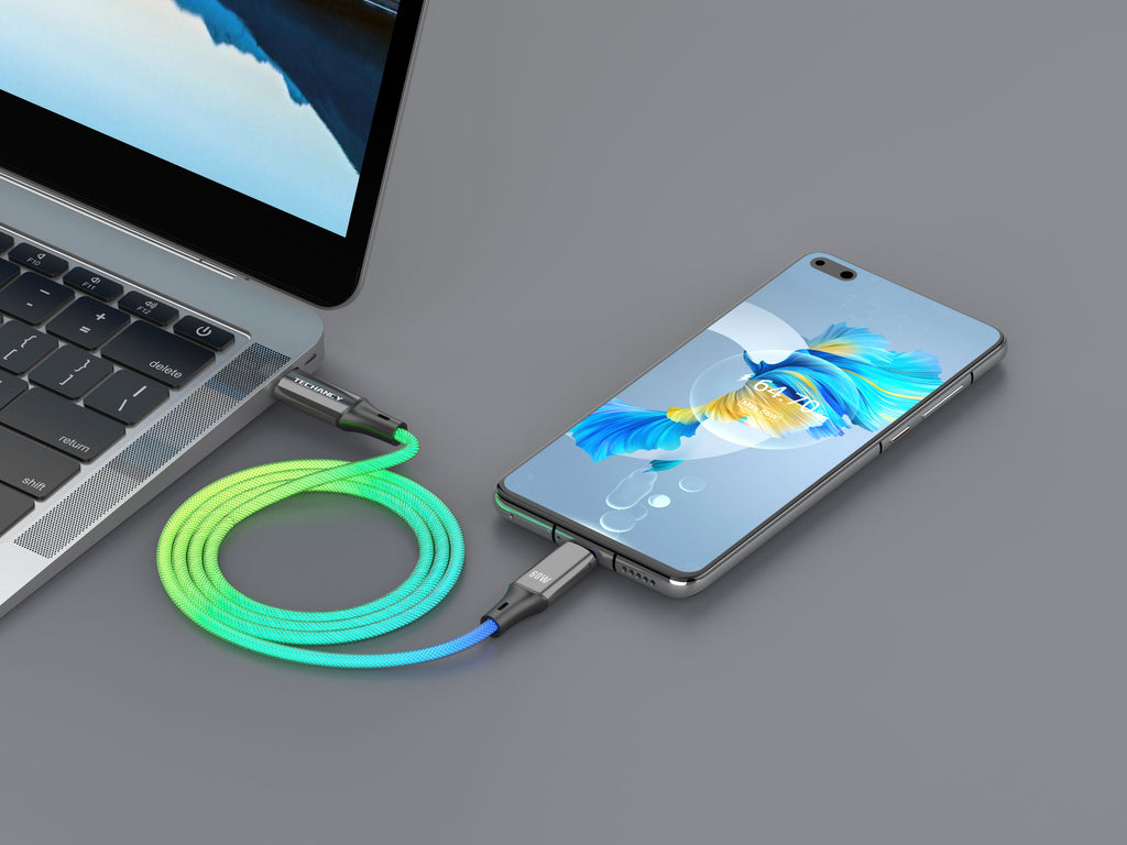 Techancy Cabo De Dados De 1m TB1799, Usb-C Para Usb-C, Efeitos De Iluminação Rgb, Carregamento Rápido De 27w.