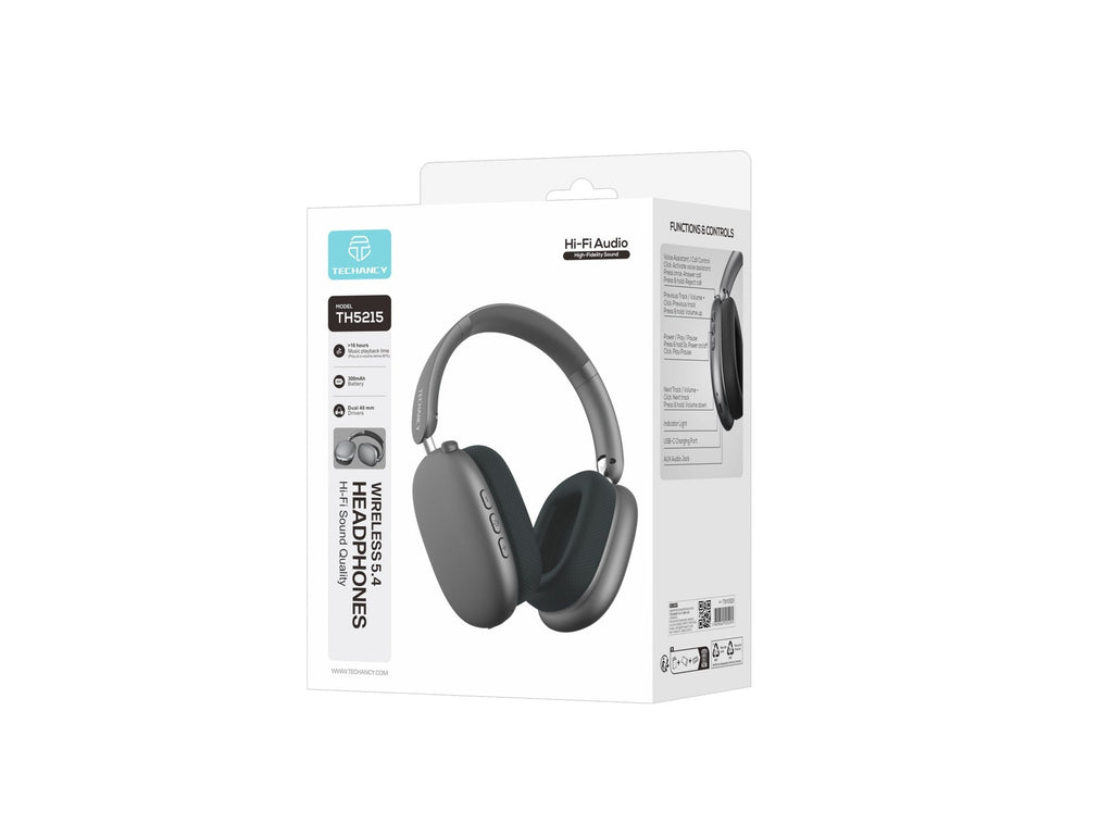 Auscultadores Bluetooth Techancy TH5215, Bluetooth 5.4, Drivers 40mm, Autonomia 16h, Bateria 300mAh, USB-C, Cinzento
