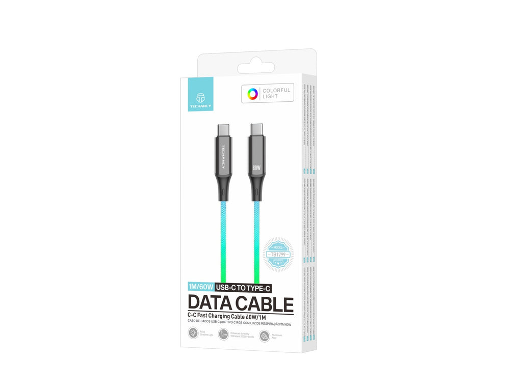 Techancy Cabo De Dados De 1m TB1799, Usb-C Para Usb-C, Efeitos De Iluminação Rgb, Carregamento Rápido De 27w.