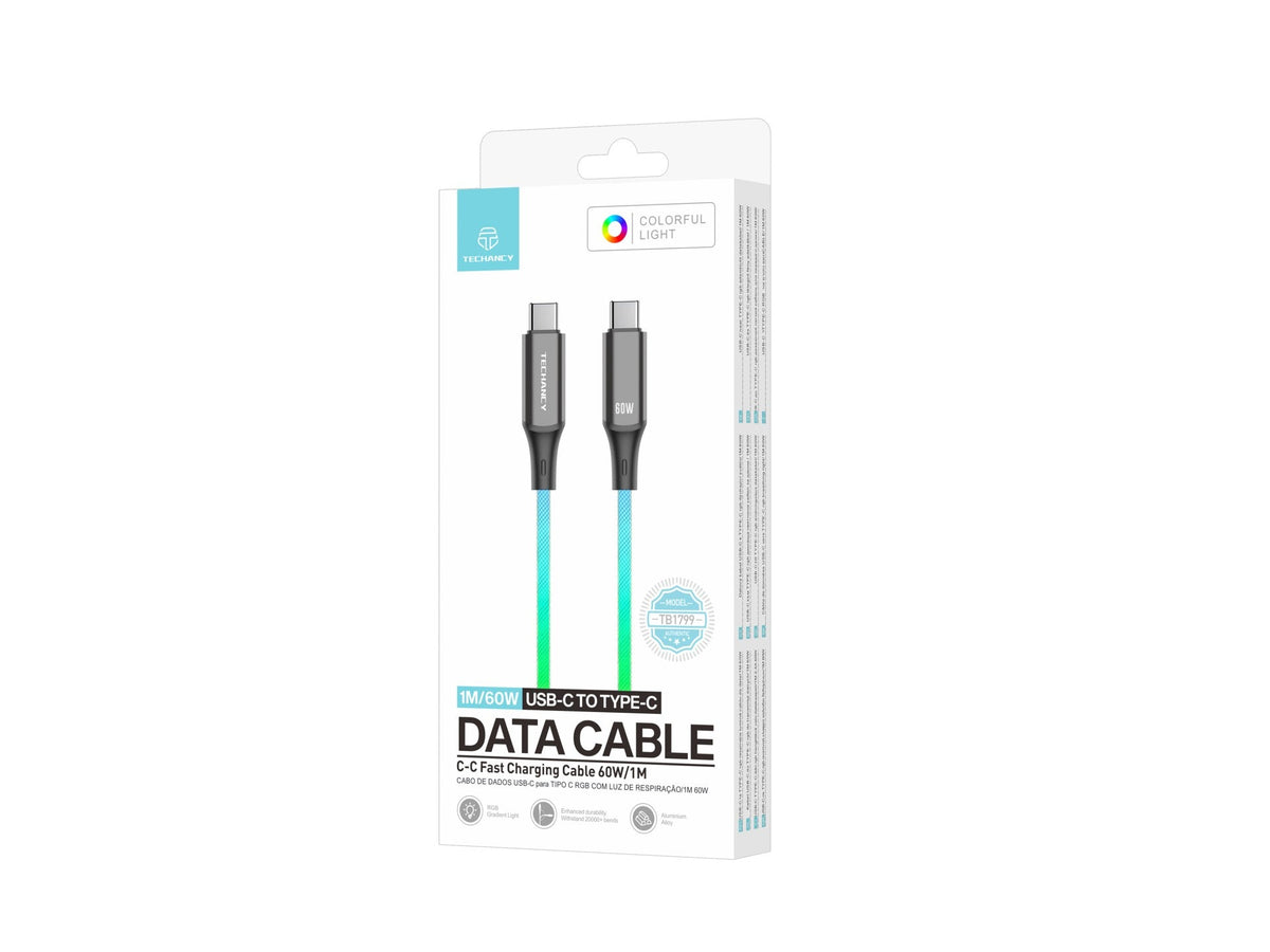 Techancy Cabo De Dados De 1m TB1799, Usb-C Para Usb-C, Efeitos De Iluminação Rgb, Carregamento Rápido De 27w.
