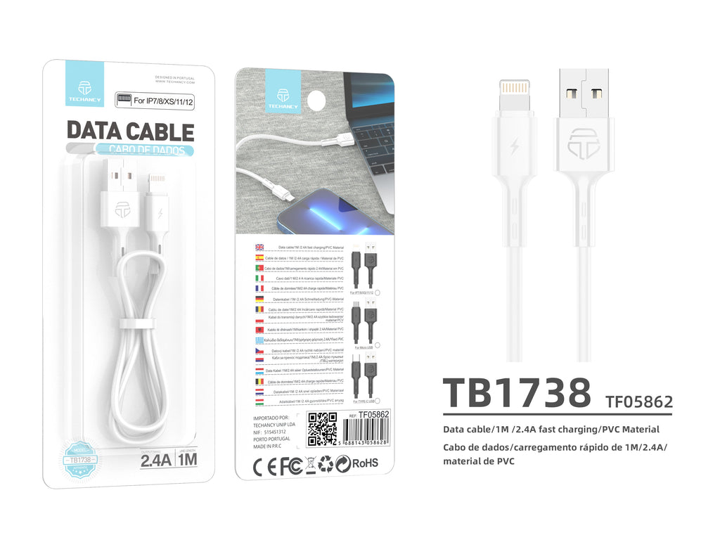Techancy Cabo De Dados Usb-Ip7/8/x/11-14, TB1738 1M 2,4A Carregamento Rápido, Transferência De Dados, Branco