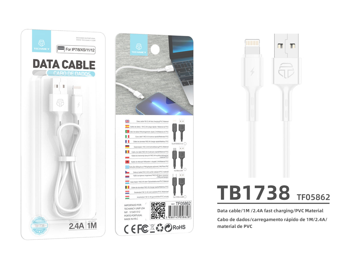 Techancy Cabo De Dados Usb-Ip7/8/x/11-14, TB1738 1M 2,4A Carregamento Rápido, Transferência De Dados, Branco