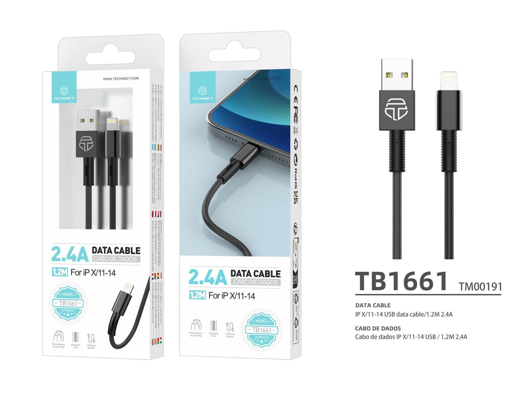 Techancy Cabo De Dados Usb-Lightning Preto TB1717, Carregamento Rápido De 2,4 A, Liga De Alumínio + Entrançado 1,2 M