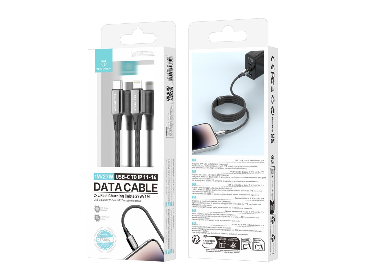 Techancy Cabo USB-C para Lightning TB1802, 27W, 1m Preto, Conector de AlumInio, Design Antiderrapante, CompatIvel com iPhone 11-14