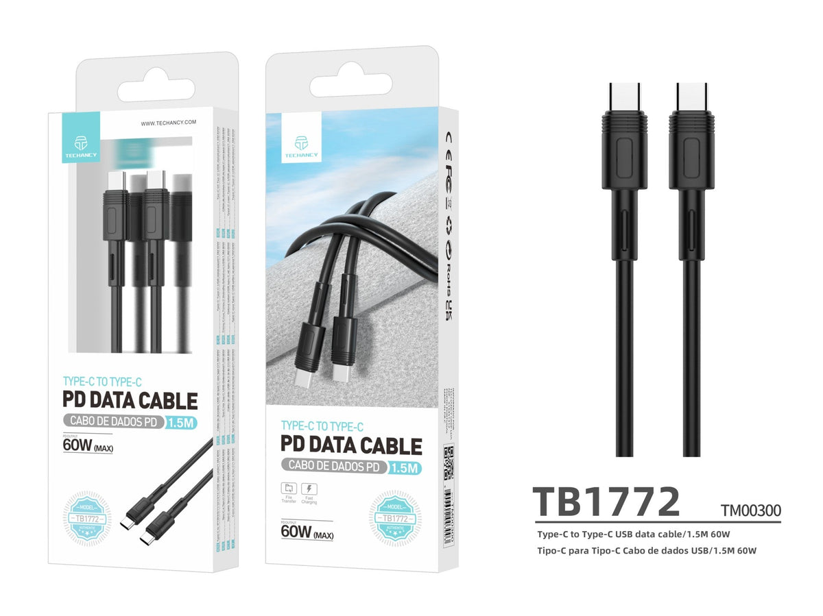 Techancy Cabo Pd De Carregamento Rápido Preto 1,5 M TB1772, Usb C Para Porta Usb C 60w/20v-3a Carregamento