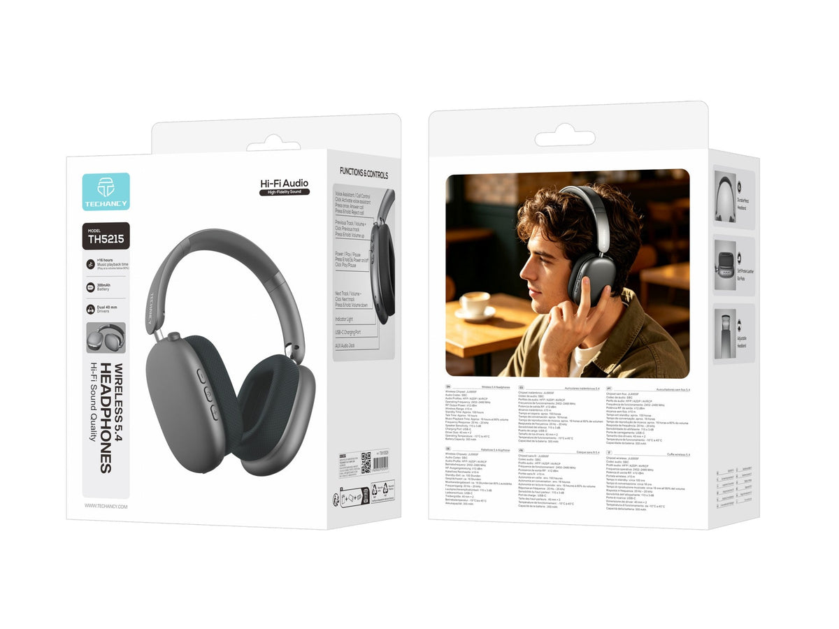 Auscultadores Bluetooth Techancy TH5215, Bluetooth 5.4, Drivers 40mm, Autonomia 16h, Bateria 300mAh, USB-C, Cinzento