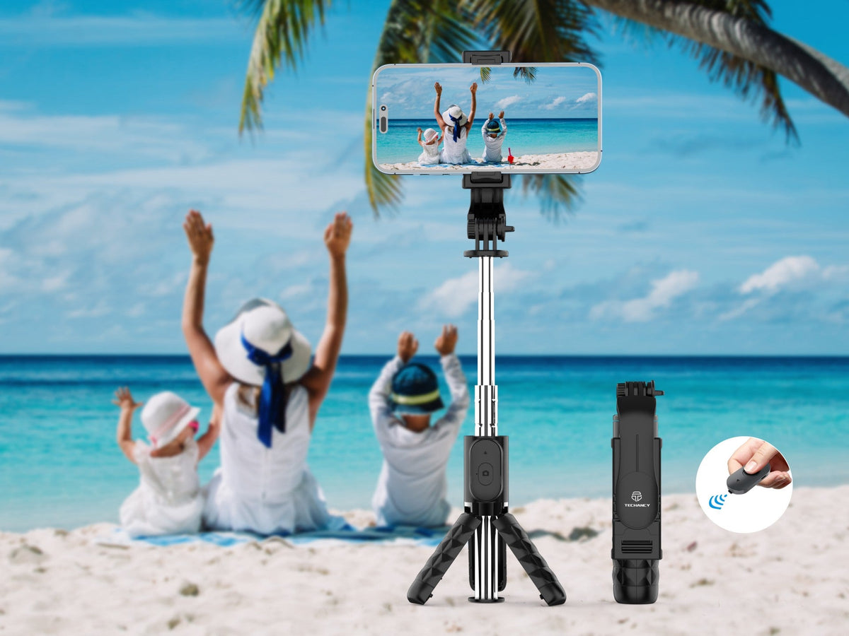 Techancy Mini selfie stick multifunções, TR6416, com controlo sem fios, suporte triangular, fácil de transportar.