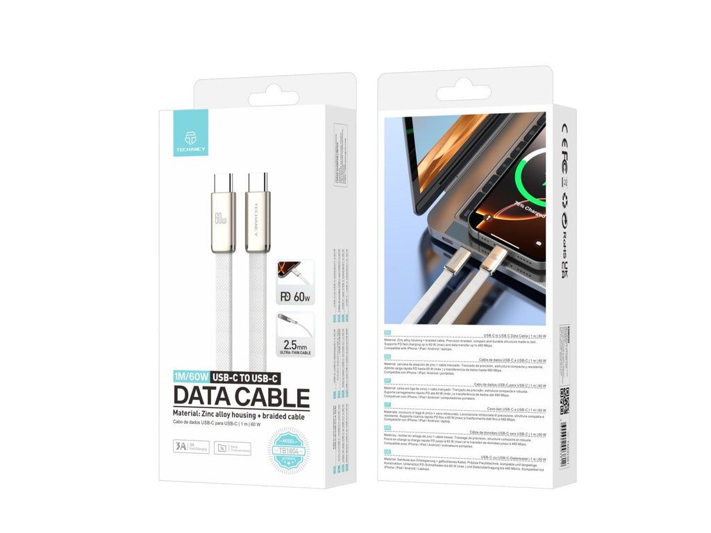 Techancy Cabo de Dados USB C para USB C 60W TB1804 Carregamento Rapido PD Trancado Resistente para Telemovel e Tablet