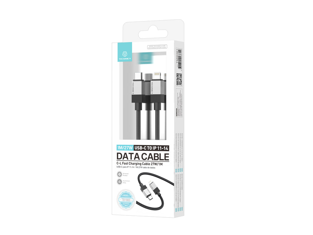 Techancy Cabo de Dados PD TB1800, 27W, 1m Preto, USB-C para Lightning, Conector de Liga de AlumInio, CompatIvel com iPhone 11-14