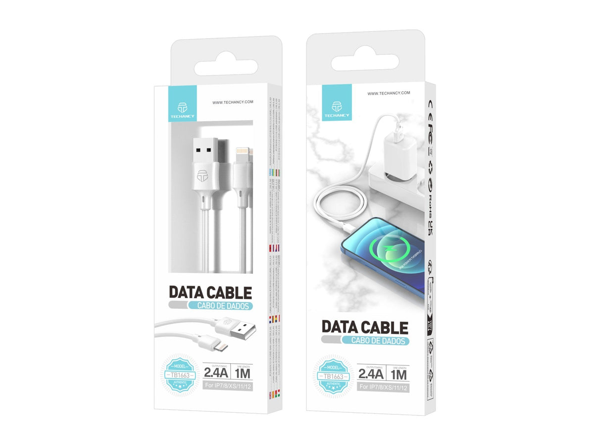 Techancy Cabo De Dados Usb-Lightning 1m Branco TB1671, Carregamento 2.4A, Compatível Com Iphone/Ipad