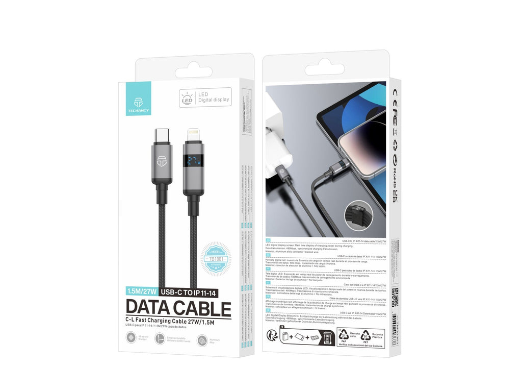 Techancy Cabo USB-C para Lightning TB1801, 27W, 1.5m Preto, Tela LED de Potência, Conector de AlumInio, Fio Trancado