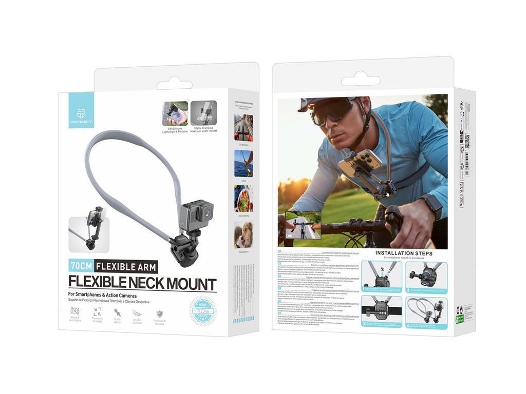 Techancy Suporte de Pescoco para Camaras e Telemoveis TI2346 com Braco Flexivel 70cm, Maos Livres, Cinzento