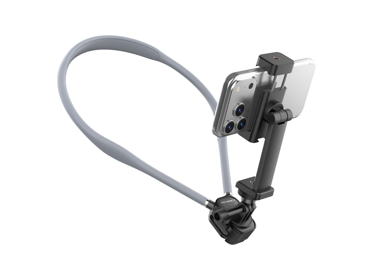 Techancy Suporte de Pescoco para Camaras e Telemoveis TI2346 com Braco Flexivel 70cm, Maos Livres, Cinzento