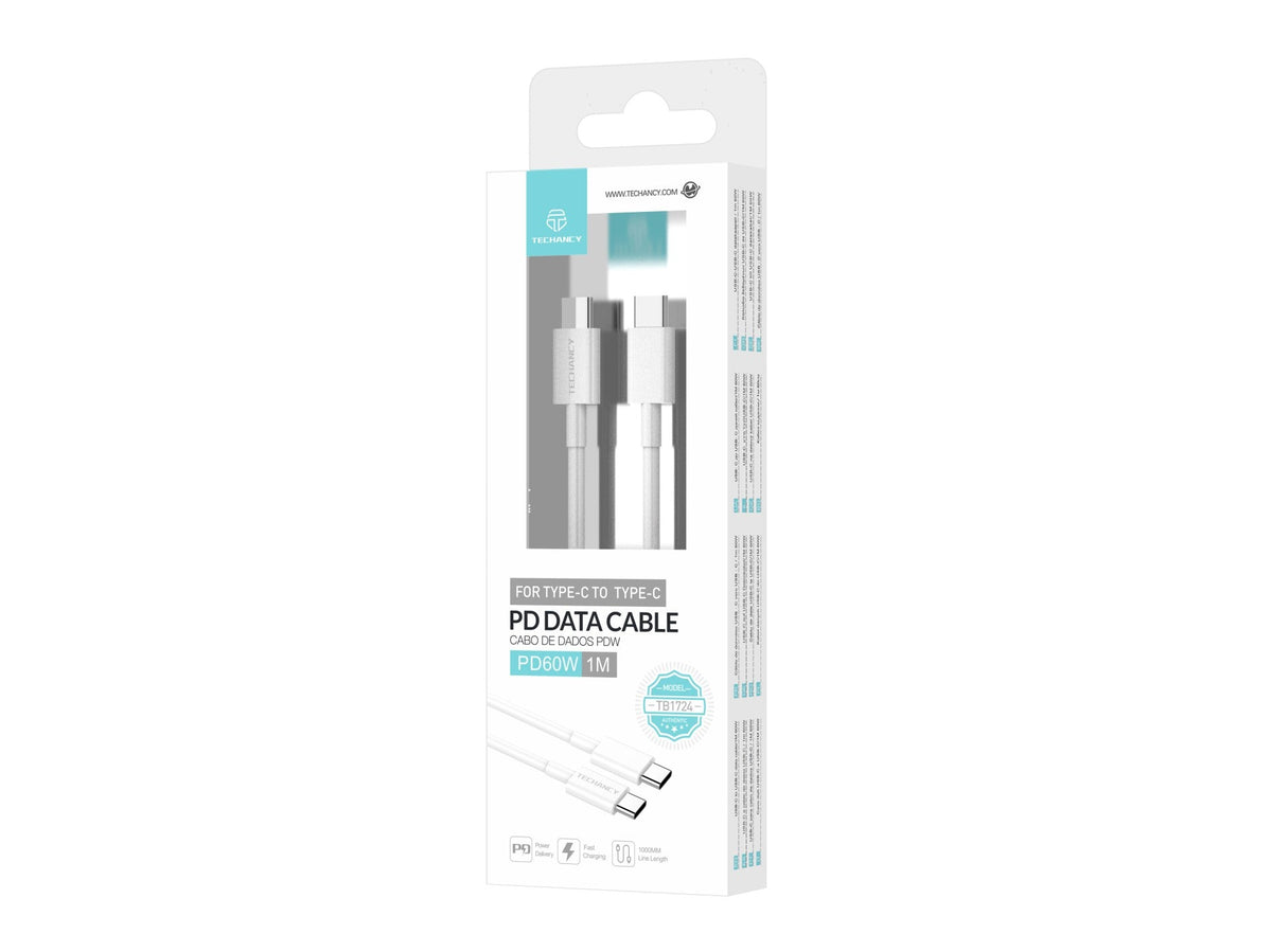 Techancy Cabo De Carregamento Rápido Usb-C Para Usb-C TB1724, 1 M Branco, Suporta Carregamento Rápido Pd De 60 W E Dados