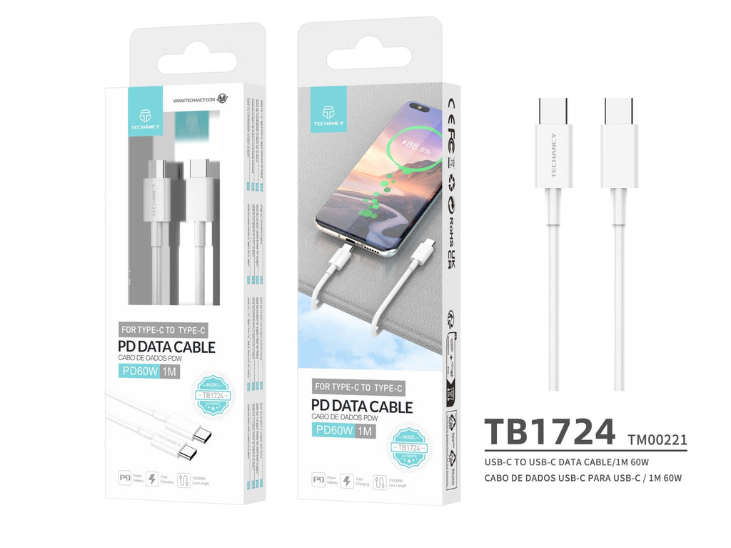 Techancy Cabo De Carregamento Rápido Usb-C Para Usb-C TB1724, 1 M Branco, Suporta Carregamento Rápido Pd De 60 W E Dados