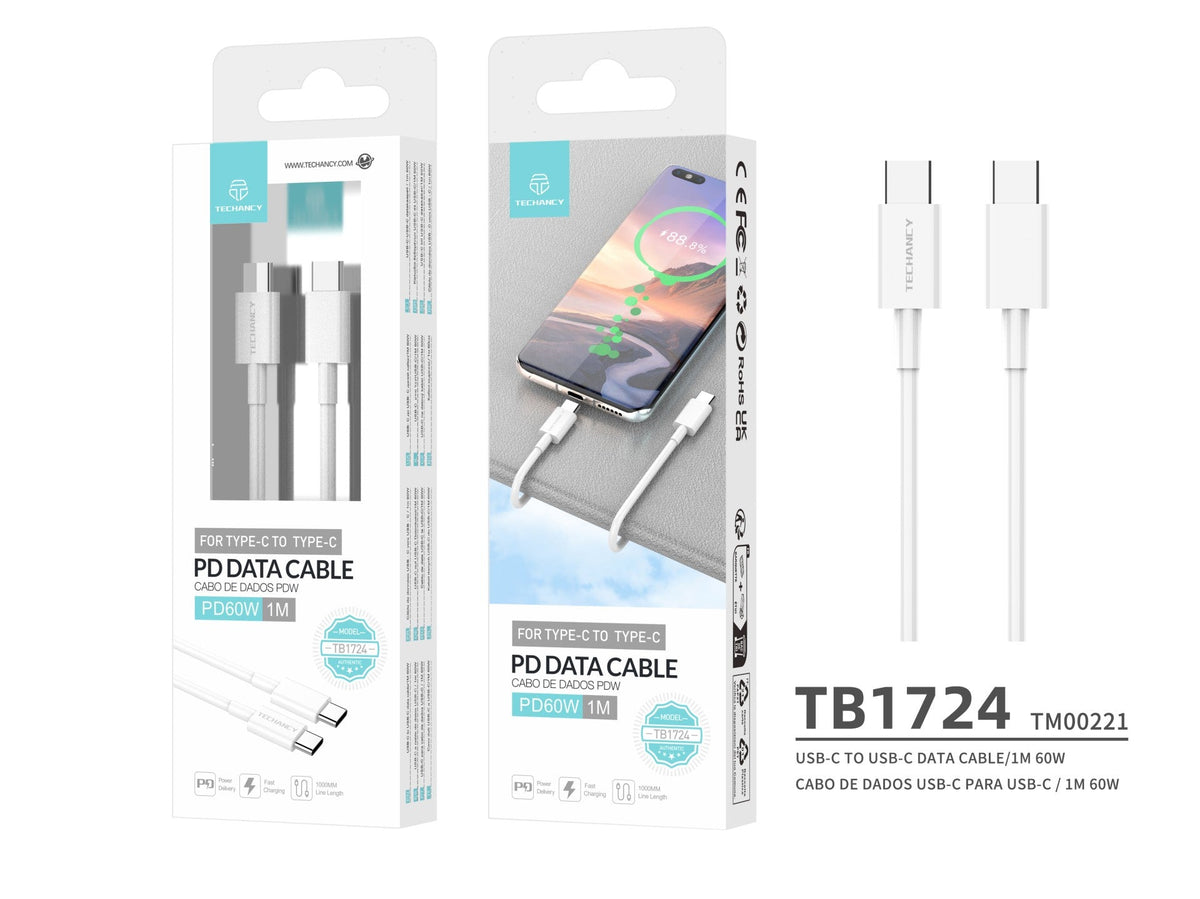 Techancy Cabo De Carregamento Rápido Usb-C Para Usb-C TB1724, 1 M Branco, Suporta Carregamento Rápido Pd De 60 W E Dados