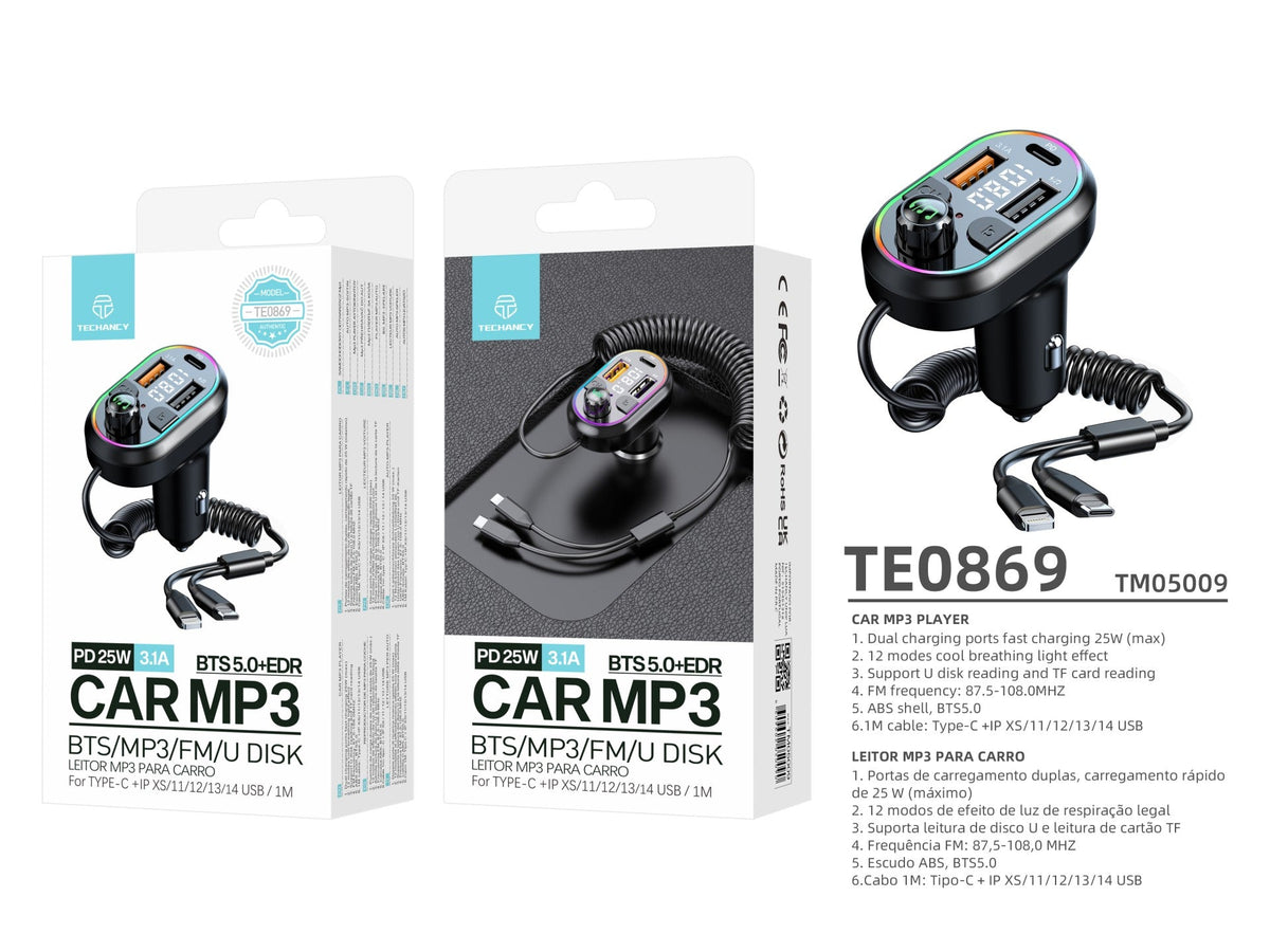 Techancy Leitor De Mp3 Para Automóvel  TE0869, Cabo 2 Em 1, Carregamento Rápido Pd25w, Efeito De Luz Fria