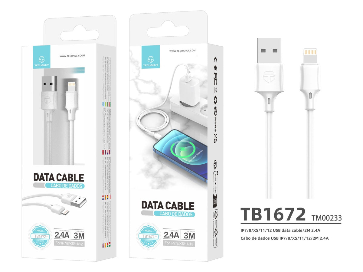 Techancy Cabo De Carregamento 3m Usb- Lightning Branco TB1672, Carregamento Rápido De 2,4 A, Carregamento De Longo Alcance 3m