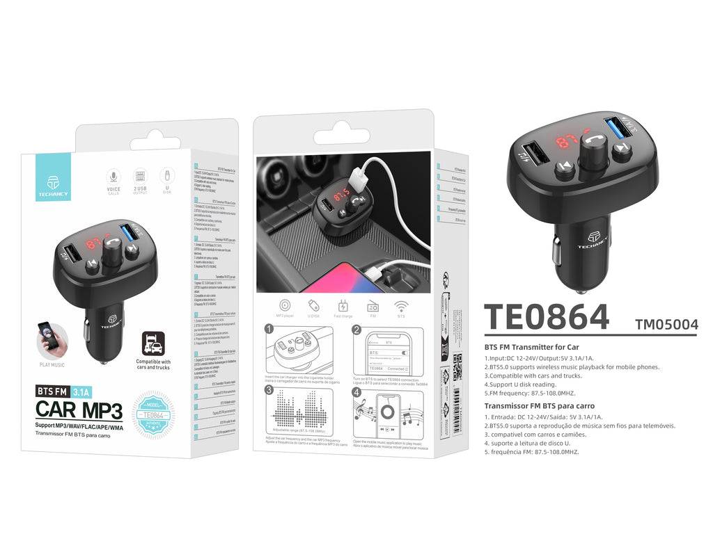Techancy Transmissor Fm Para Automóvel Preto TE0864, 3.1a, 2 Portas Usb, Leitor De Mp3, Compatível Com Tensão 12v-24v.