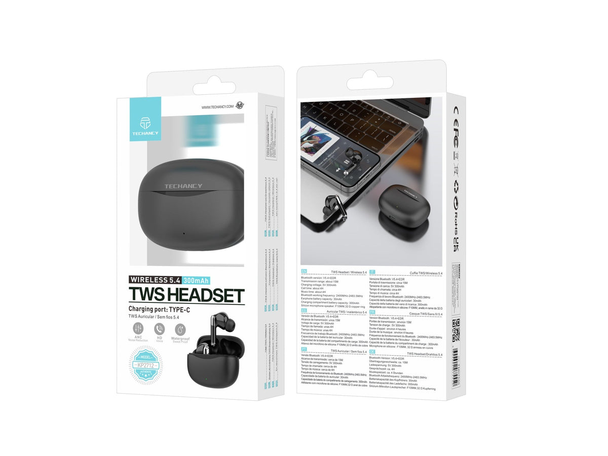 Techancy Auricular TWS KP2712 Sem Fios 5.4 Auricular Bluetooth Porta Type C Distancia de 15m 4h de Conversa Musica Estojo de Carga 300mAh Preto