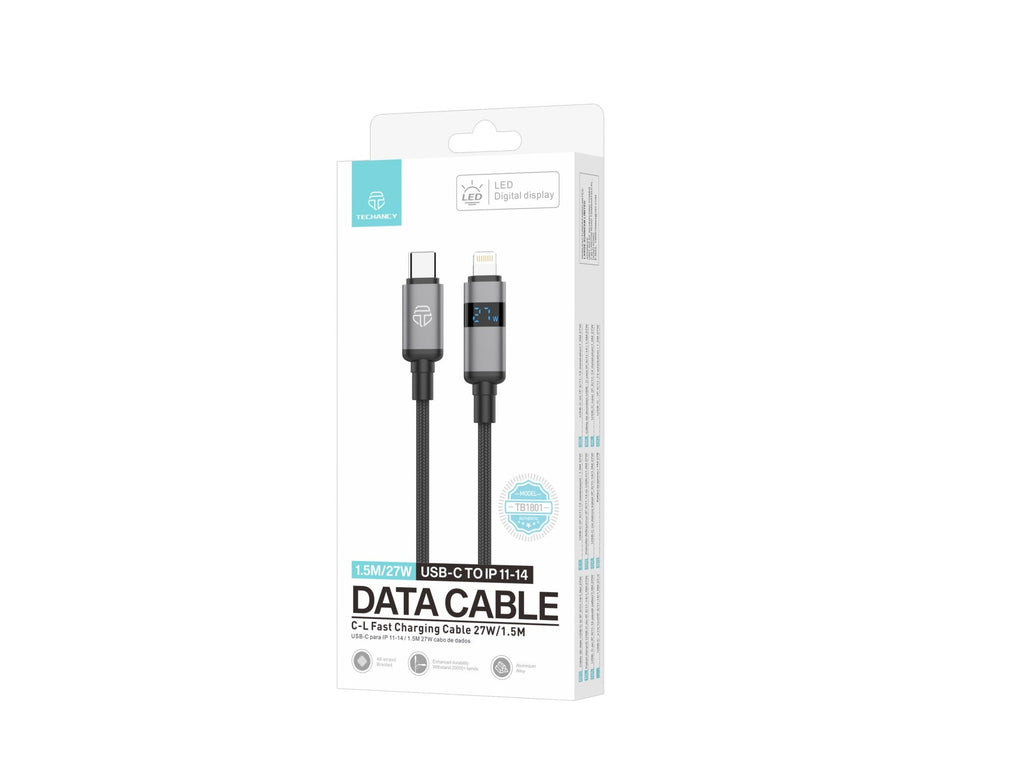 Techancy Cabo USB-C para Lightning TB1801, 27W, 1.5m Preto, Tela LED de Potência, Conector de AlumInio, Fio Trancado