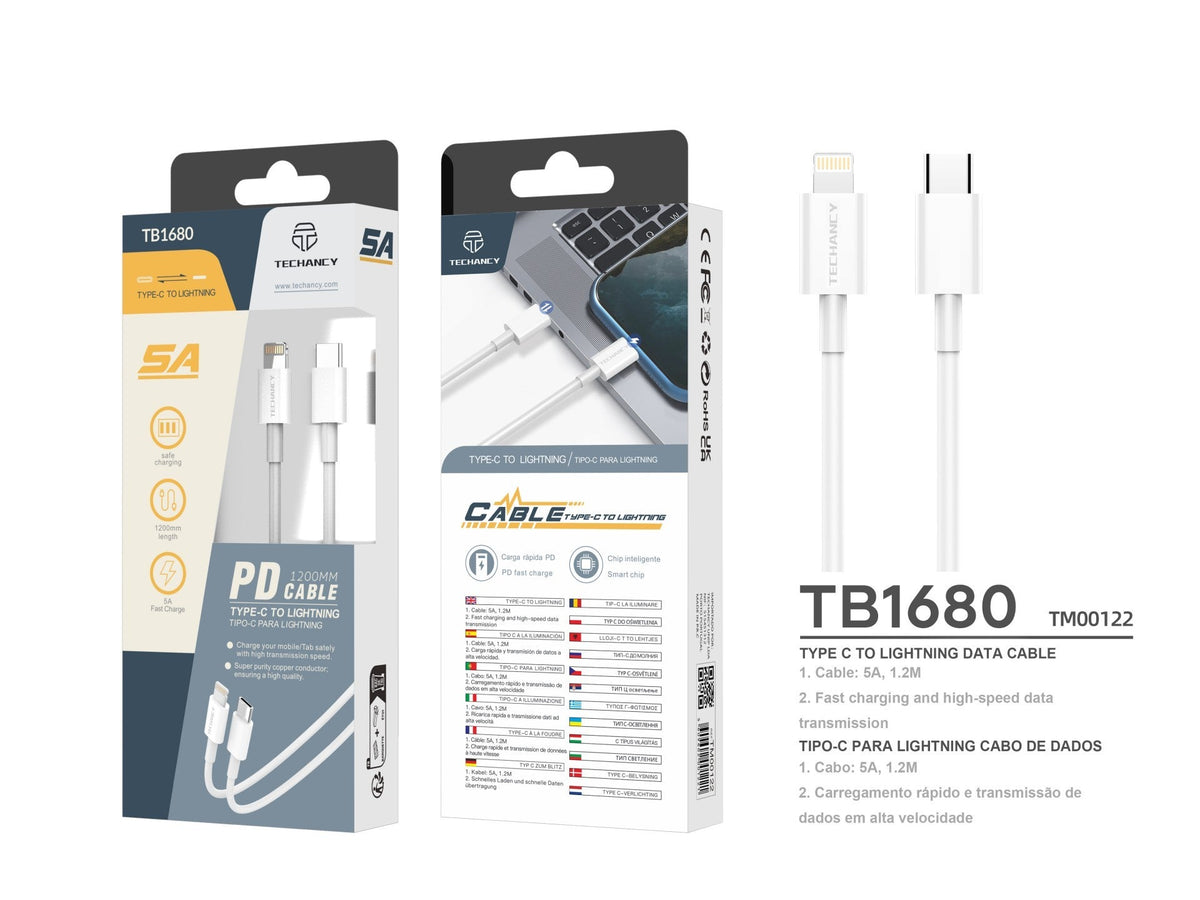 Techancy Cabo De Dados De Carregamento Rápido Pd De 18 W 1,2 M TB1680, Porta Usb C-Ip8/X/11-14, Compatível Com Iphone, Ipad