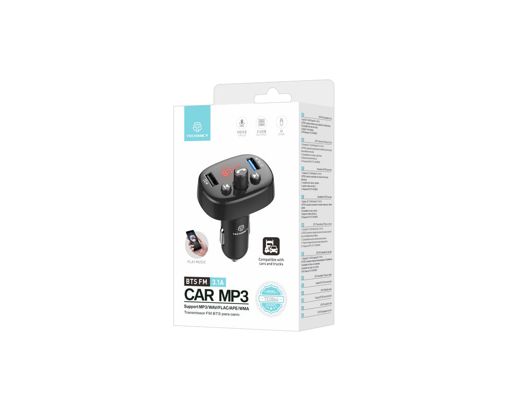 Techancy Transmissor Fm Para Automóvel Preto TE0864, 3.1a, 2 Portas Usb, Leitor De Mp3, Compatível Com Tensão 12v-24v.