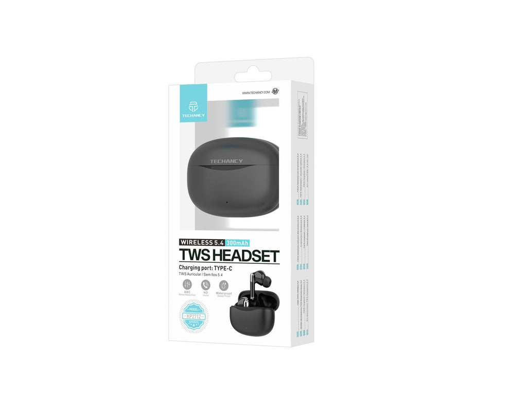 Techancy Auricular TWS KP2712 Sem Fios 5.4 Auricular Bluetooth Porta Type C Distancia de 15m 4h de Conversa Musica Estojo de Carga 300mAh Preto