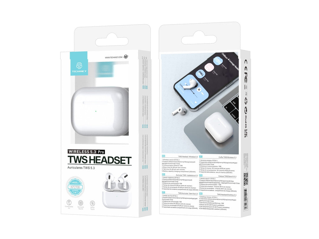 Techancy Tws Wireless Headset Pro White KP2708, Bluetooth 5.3, Auricular Estéreo Com Conversação, Reprodução De Música 5h