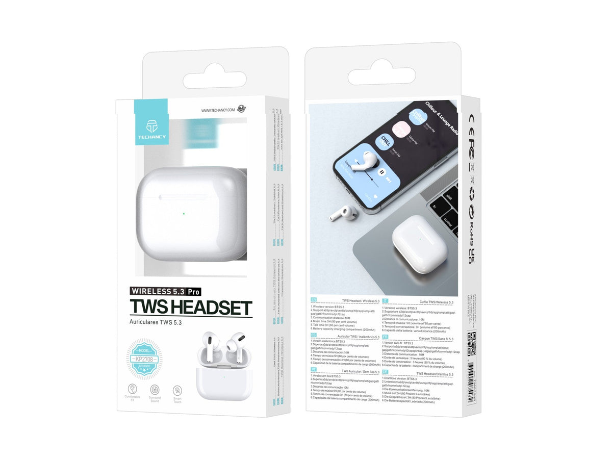 Techancy Tws Wireless Headset Pro White KP2708, Bluetooth 5.3, Auricular Estéreo Com Conversação, Reprodução De Música 5h