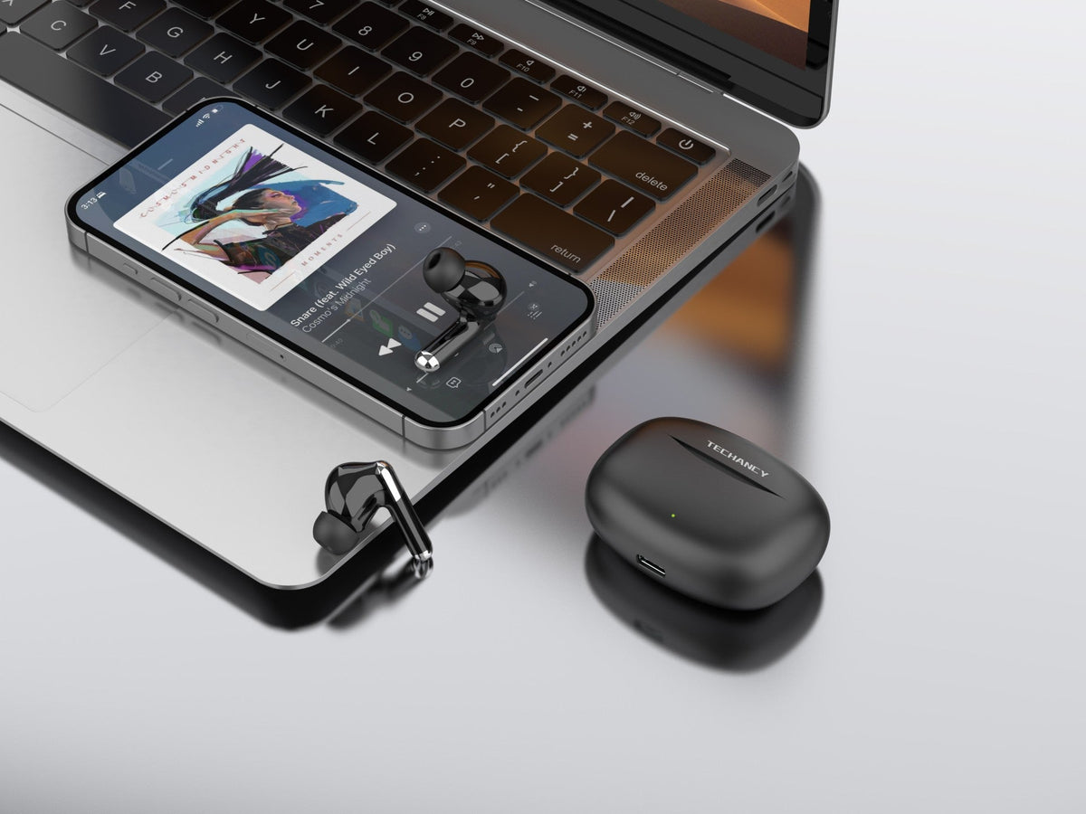 Techancy Auricular TWS KP2712 Sem Fios 5.4 Auricular Bluetooth Porta Type C Distancia de 15m 4h de Conversa Musica Estojo de Carga 300mAh Preto