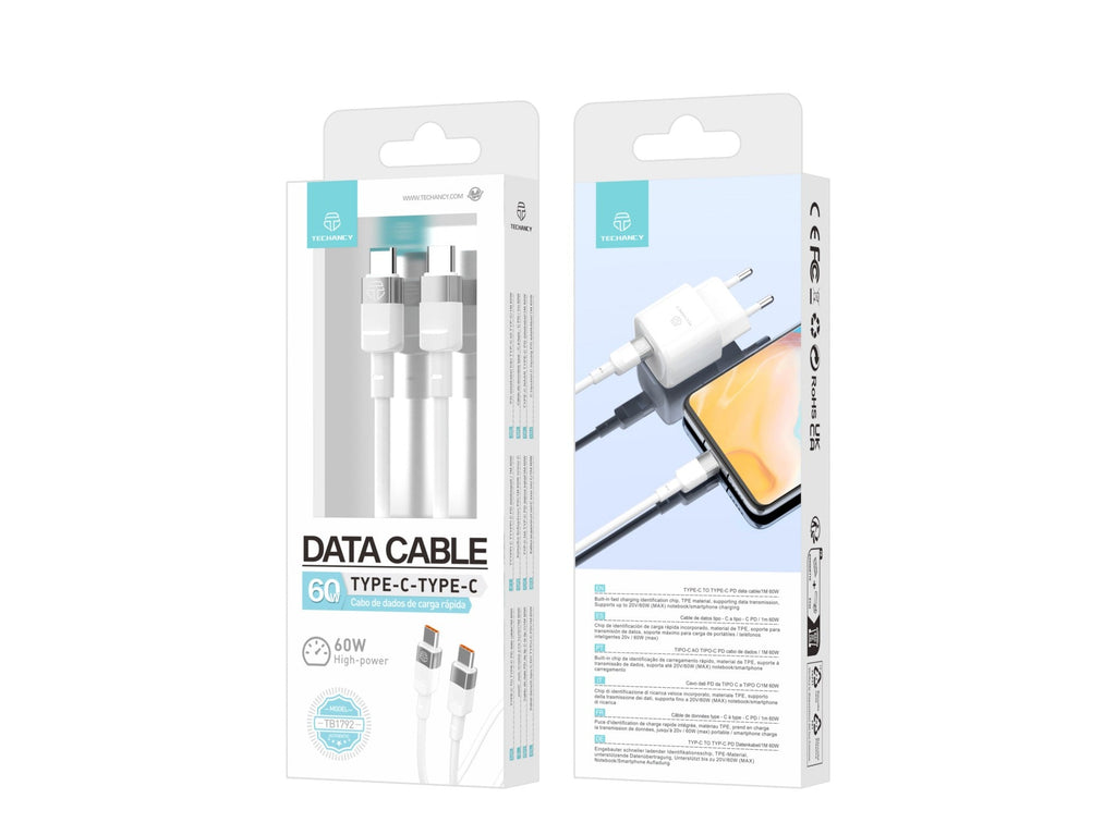 Techancy Cabo De Dados Pd 60w Branco 1m TB1792, Usb C-Usb C Suporta Carregamento Rápido E Transferência De Dados,