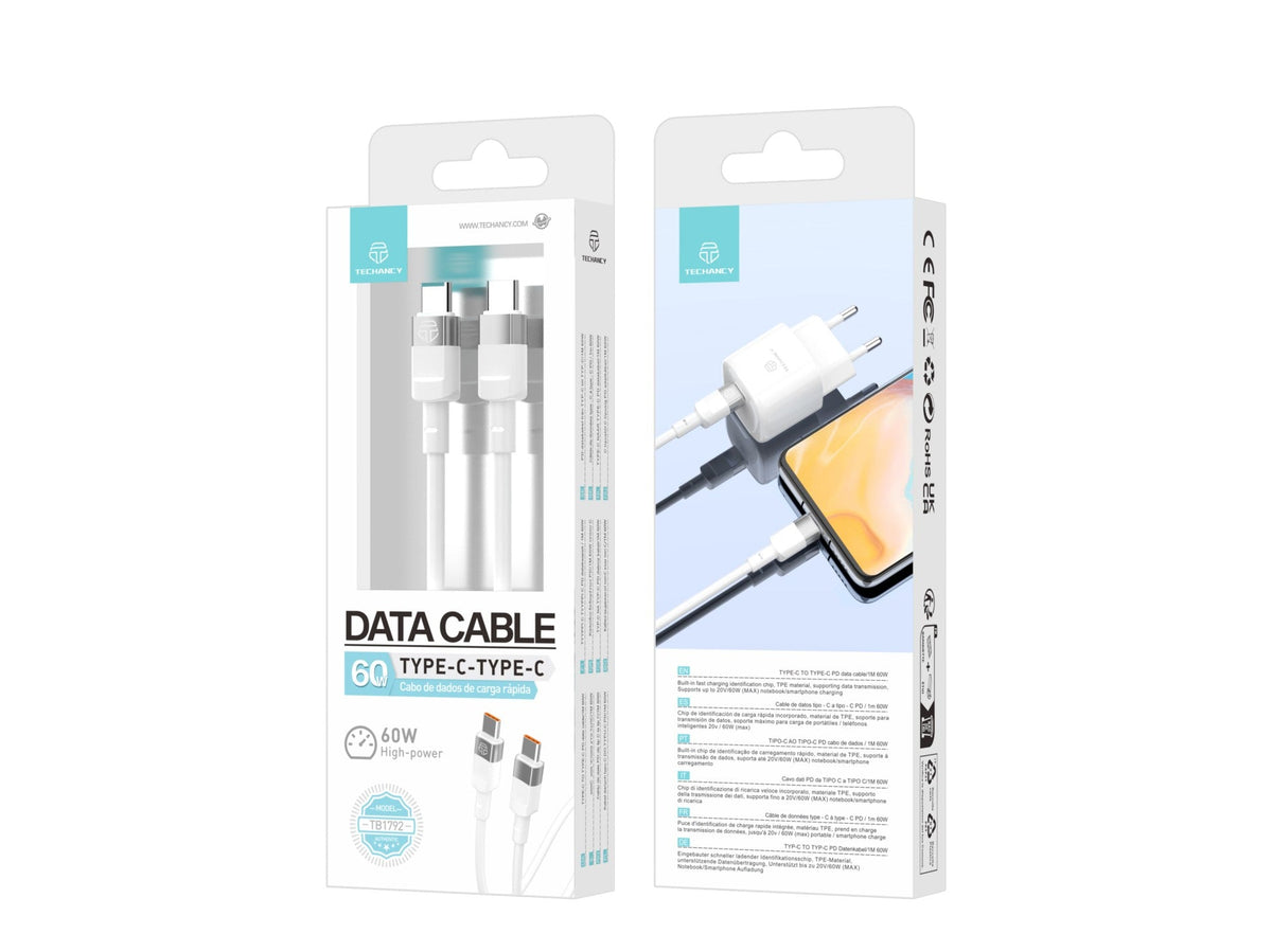 Techancy Cabo De Dados Pd 60w Branco 1m TB1792, Usb C-Usb C Suporta Carregamento Rápido E Transferência De Dados,
