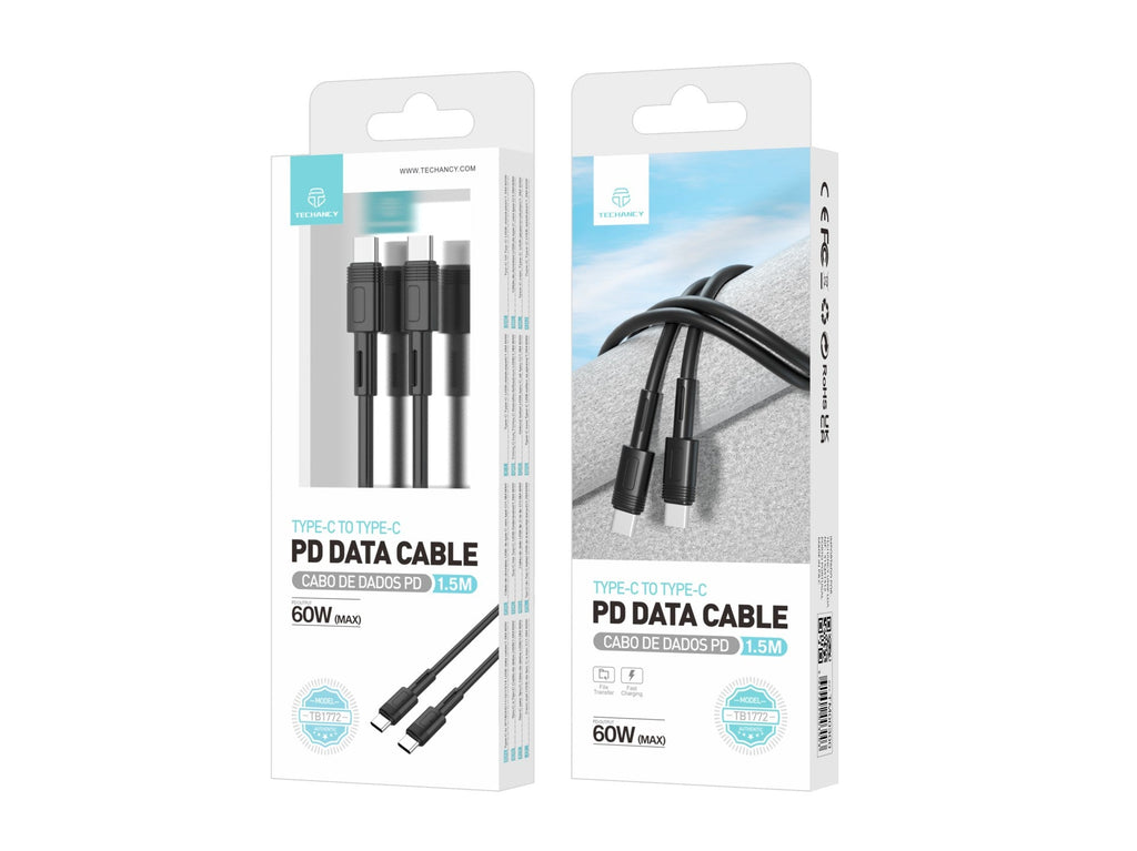 Techancy Cabo Pd De Carregamento Rápido Preto 1,5 M TB1772, Usb C Para Porta Usb C 60w/20v-3a Carregamento