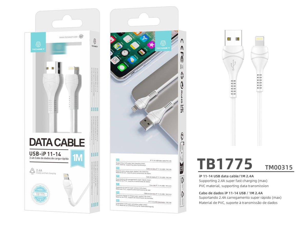 Techancy Cabo Usb-Lightning Branco 1m  TB1775,Carregamento Rápido 2.4a, Suporta Transmissão De Dados, Material Pvc