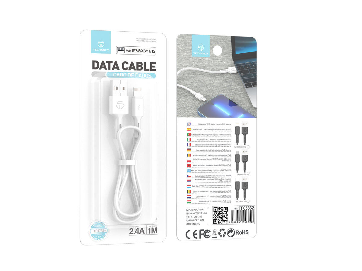 Techancy Cabo De Dados Usb-Ip7/8/x/11-14, TB1738 1M 2,4A Carregamento Rápido, Transferência De Dados, Branco
