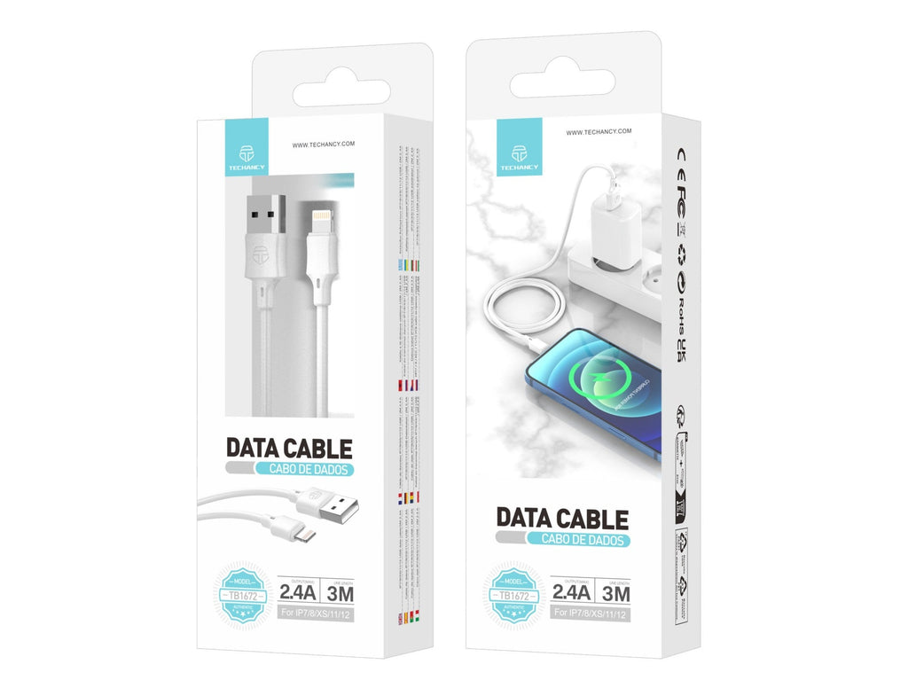Techancy Cabo De Carregamento 3m Usb- Lightning Branco TB1672, Carregamento Rápido De 2,4 A, Carregamento De Longo Alcance 3m