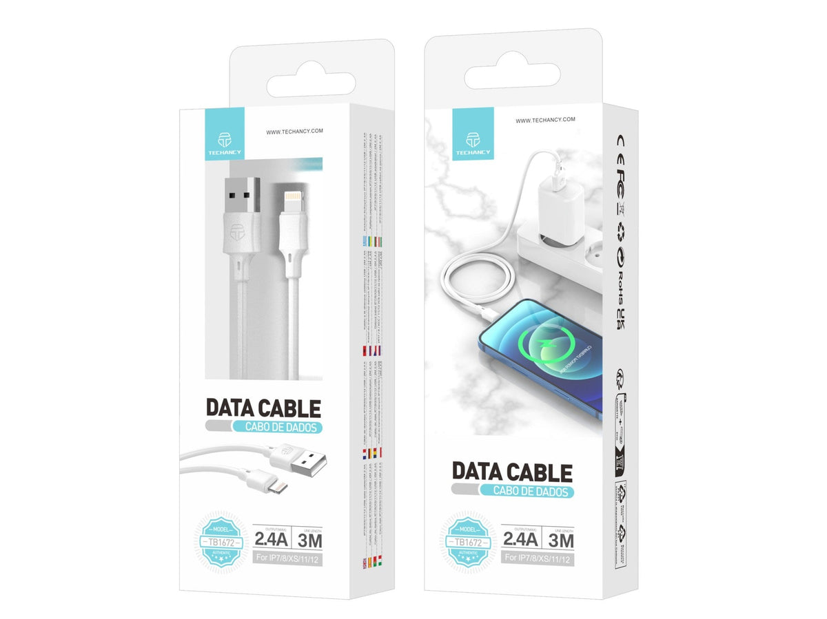 Techancy Cabo De Carregamento 3m Usb- Lightning Branco TB1672, Carregamento Rápido De 2,4 A, Carregamento De Longo Alcance 3m