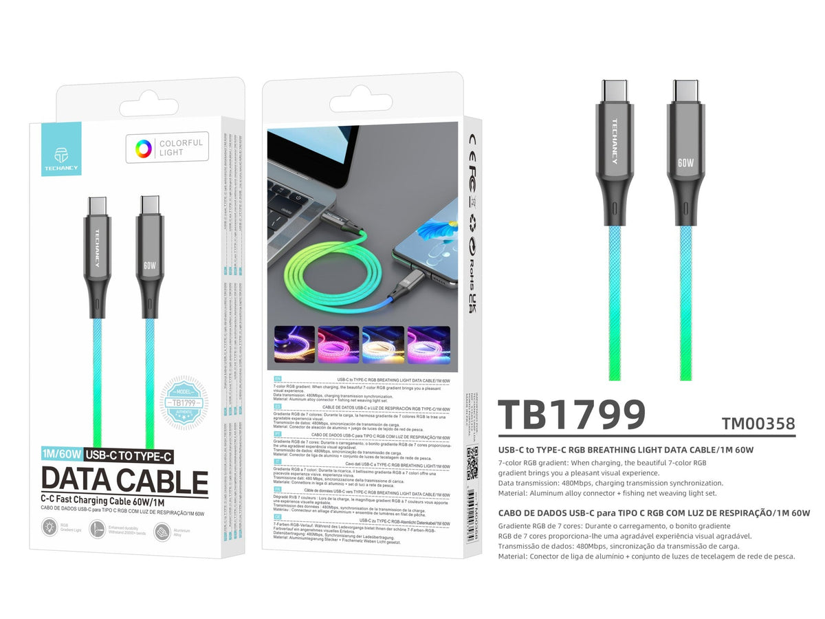 Techancy Cabo De Dados De 1m TB1799, Usb-C Para Usb-C, Efeitos De Iluminação Rgb, Carregamento Rápido De 27w.