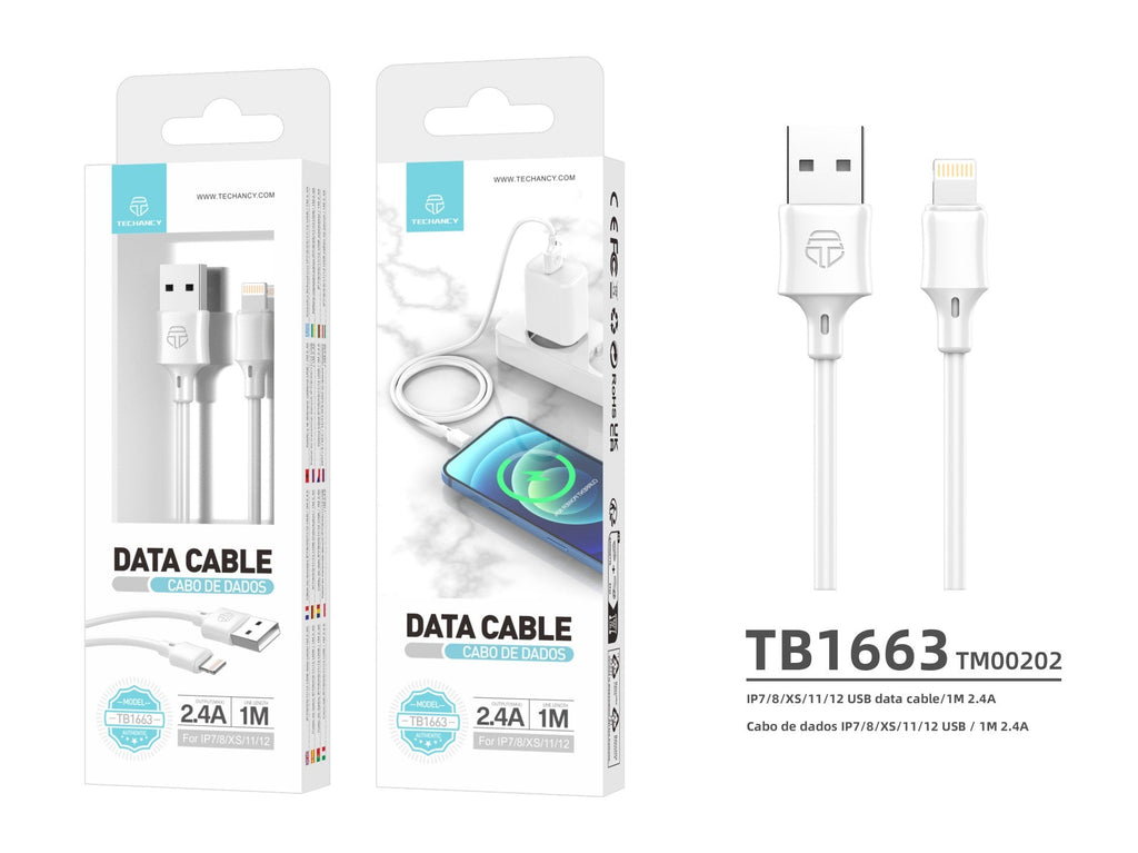 Techancy Cabo De Dados Usb-Lightning 1m Branco TB1671, Carregamento 2.4A, Compatível Com Iphone/Ipad