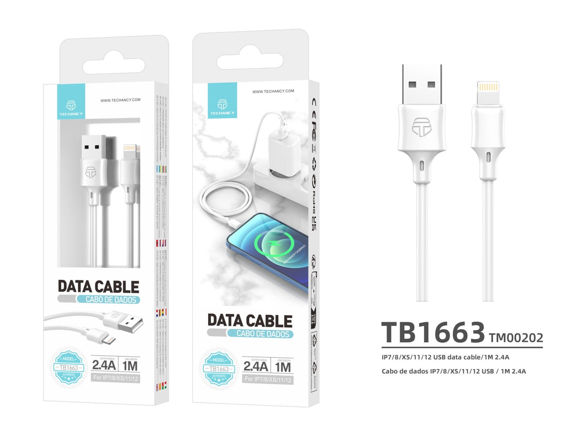 Techancy Cabo De Dados Usb-Lightning 1m Branco TB1671, Carregamento 2.4A, Compatível Com Iphone/Ipad