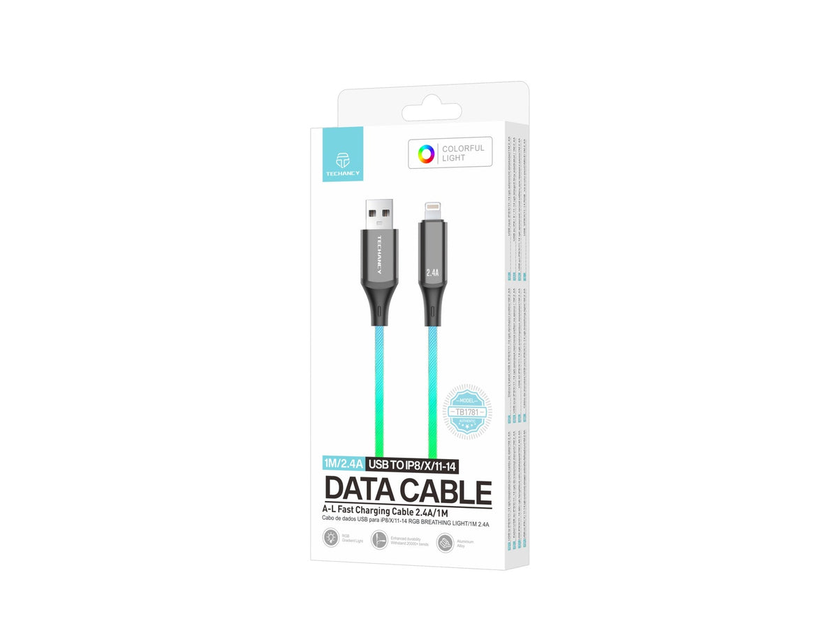 Techancy Cabo De Dados De 1m TB1799, Usb-C Para Ip11-14, Efeitos De Iluminação Rgb, Carregamento Rápido De 27w.