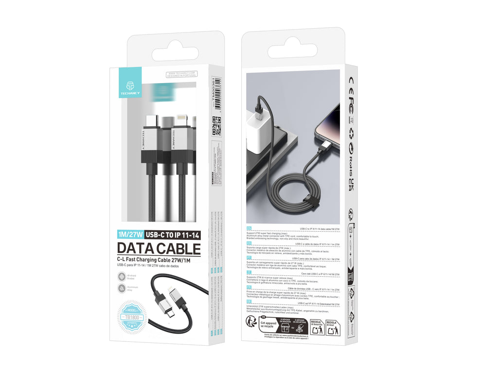 Techancy Cabo de Dados PD TB1800, 27W, 1m Preto, USB-C para Lightning, Conector de Liga de AlumInio, CompatIvel com iPhone 11-14