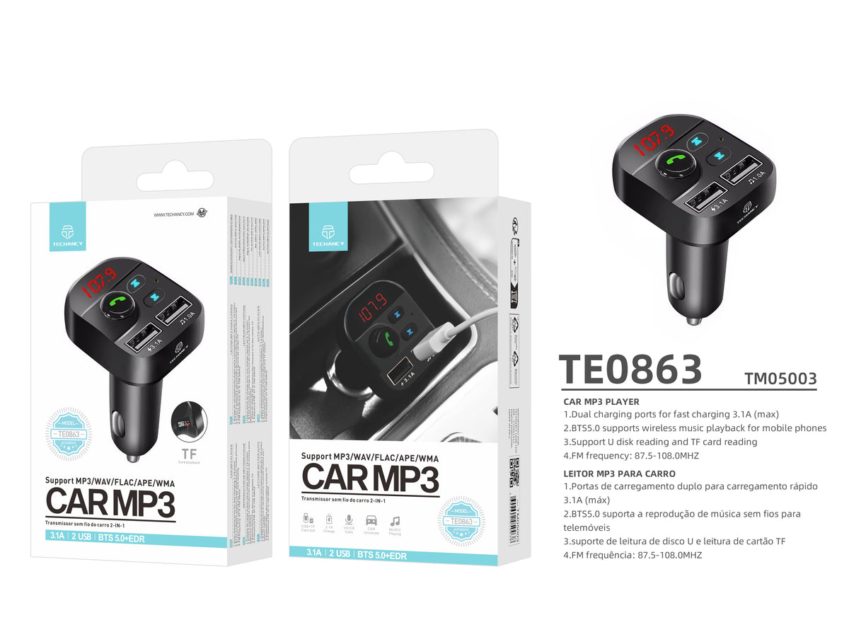 Techancy Leitor Mp3 Para Automóvel Preto TE0863, Carregamento Rápido De 3,1 A, Ligação Fm+Bluetooth, Entrada 12-24 V