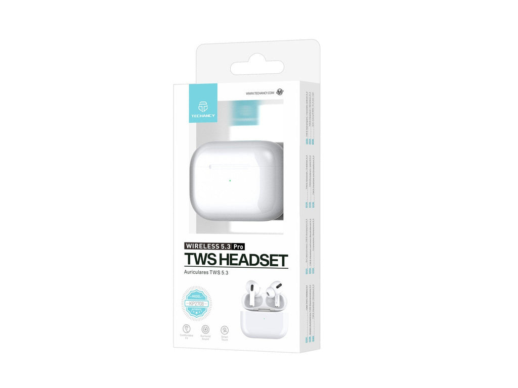 Techancy Tws Wireless Headset Pro White KP2708, Bluetooth 5.3, Auricular Estéreo Com Conversação, Reprodução De Música 5h